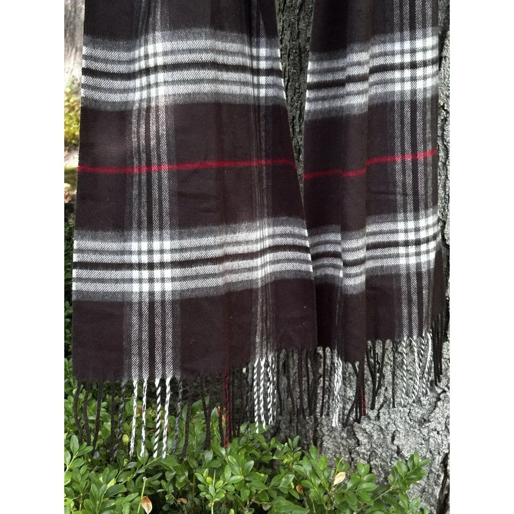 V.Fraas Cashmink Plaid Scarf Made in Germany Fringe Grey Red Preppy Traditional
